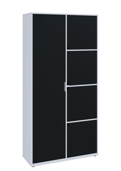 KSR6-82 L skříň šatní, 1x výsuvné ramínko, 4x dvířka, 2053x1022x400 mm, provedení levé, bílá sněžná/černá